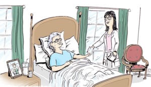 An illustration of a smiling nurse handing a tissue to an elderly woman lying in bed