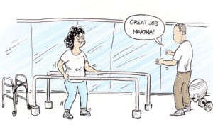 : An illustration of a male physical therapist cheering on an elderly woman as she strengthens her ability to walk