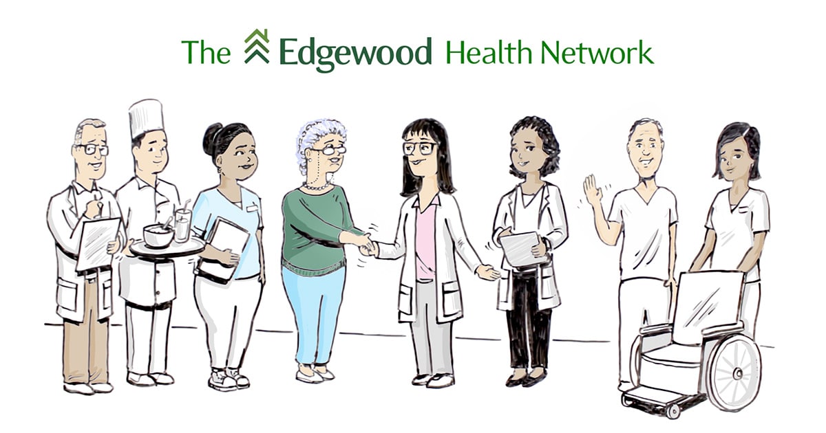 Cartoon graphic with clinical staff, chef, and senior female