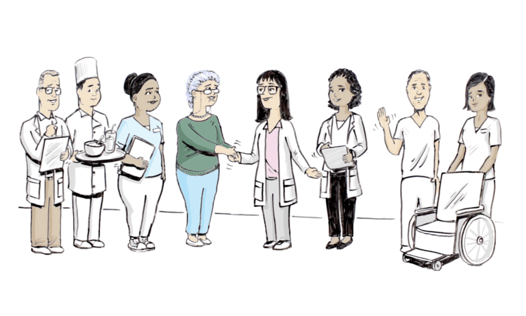 Cartoon image of healthcare staff, chef, and senior female resident