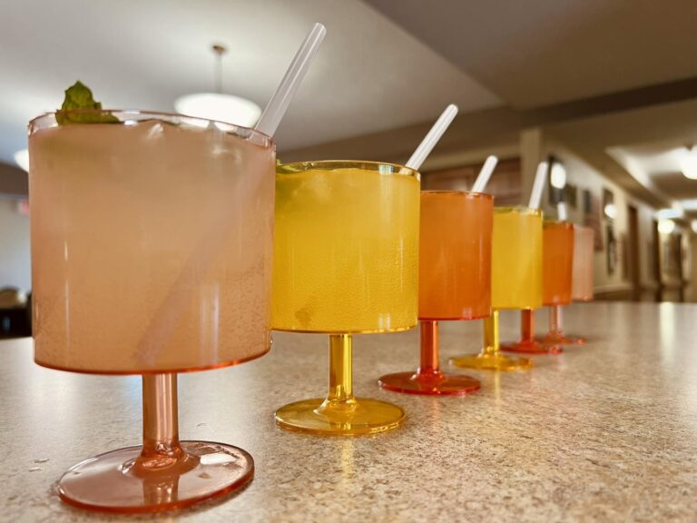 Beverages lined up on a countertop