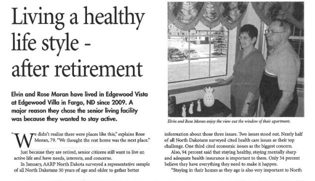 Newspaper clipping with a photo of Rose and Elvin, featuring their healthy lifestyle and retirement at Edgewood Vista.